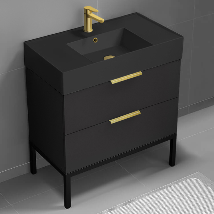Bathroom Vanity Modern Black Bathroom Vanity, 32 Inch, Gold Handles, Free Standing Nameeks DERIN353